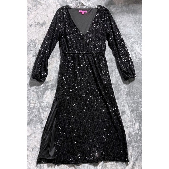 Betsey Johnson Dresses & Skirts - Betsey Johnson Sequin Midi Dress Womens Small Black V-Neck LS Glam Disco